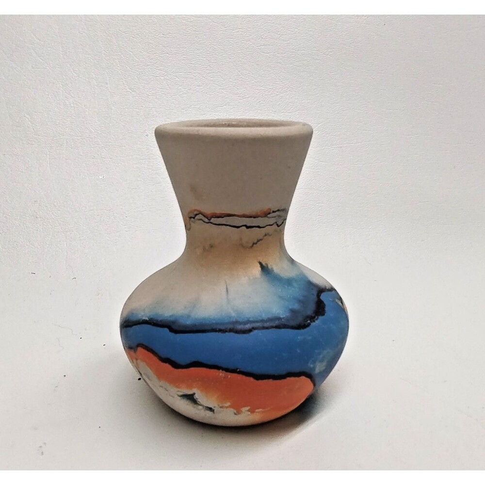 Nemadji Pottery Vase USA Small Bold Blue Colors South western 3-1/2" tall